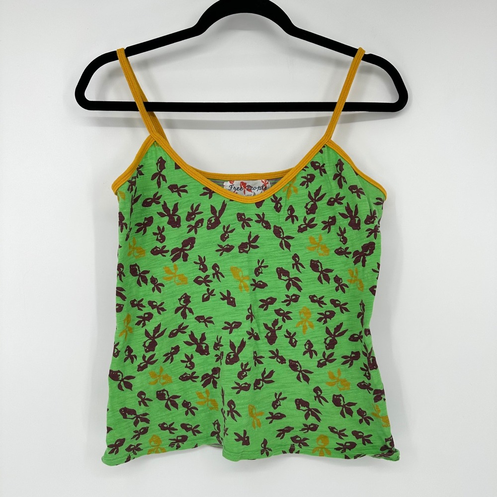 Y2K Free People Green Mustard Cotton Cami Tank Top Large Eclectic Boho